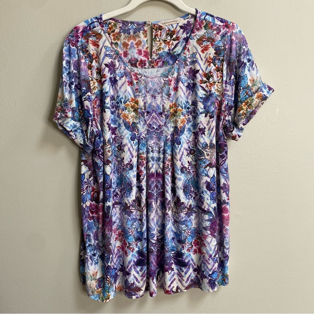 Soft Surroundings Multicolor Boho Watercolor Printed Pleated Front Top Medium